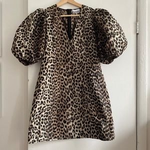 Ganni Leopard Print Puff Sleeve Dress